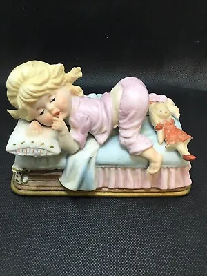 Vintage Ceramic Music Box Sleeping Girl W/PJs Plays “Love Story” • $6.49