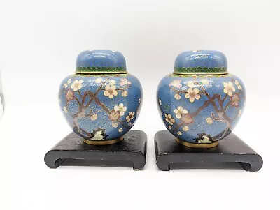 Vintage Pair Chinese Cloisonne Enamel Ginger Jar Urns Blue Pink Flowers 4”  • $49