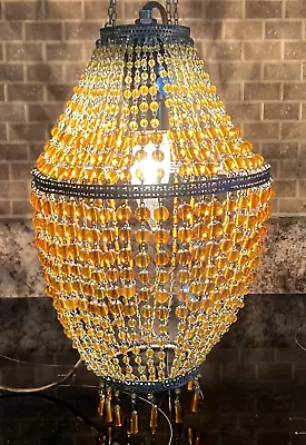 Vintage Boho MCM Amber Glass Beaded Hanging Swag Lamp Shade 12 Inch India Made • $71.95