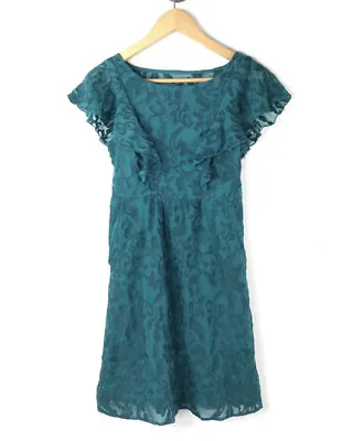 Anthropologie Moulinette Soeurs Dress Teal Scrollwork Floral Size 4 Ruffles • $18.74