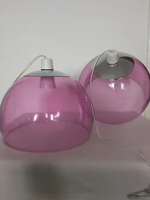 Pair Of Glass Space Age Lightshades Vintage Chrome Lilac Ceiling Pendant Shade • $113.67