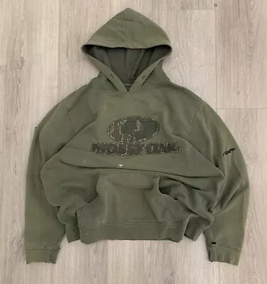 Vintage Sunfaded Mossy Oak Thrashed Hoodie Sz L Camo Logo 2000s Y2K Green • $29.95