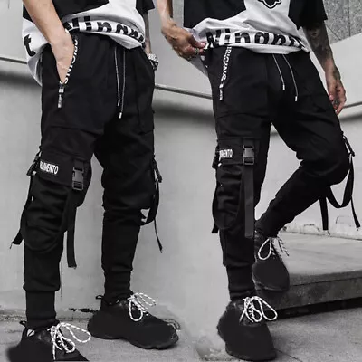 Mens Goth Suspender Pocket Harem Pants Hip Hop Cargo Trousers Punk Casual Black • £24.22