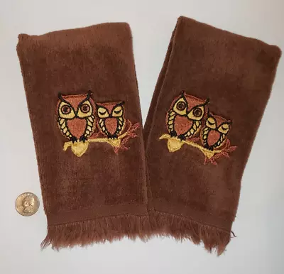 Vintage Martex Brown Embroidered Owl Cotton Hand Towel Fringe 17”x11” Set Of 2 • $24.95