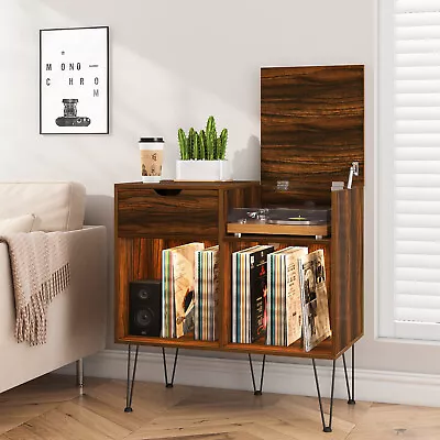 Vintage LED Vinyl Record Player Stand Album Storage Cabinet LP Turntable Table • $146.99