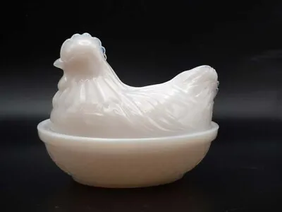 Rooster On Nest Milk Glass Chipped Covered Dish 4 3/8  L Mlk#4 • $5.99