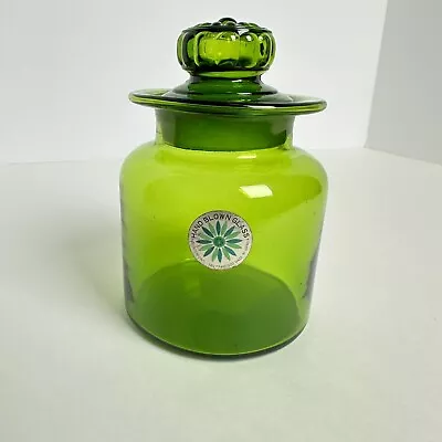 Vintage MCM Takahashi Counterpoint Green Glass Apothecary Jar W/Daisy Lid 5.5” • $36.50