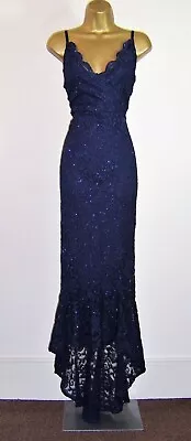 QUIZ Size 10 Lace Sparkly Dipped Hem Evening Cocktail Party Blue Maxi Dress • £24.99