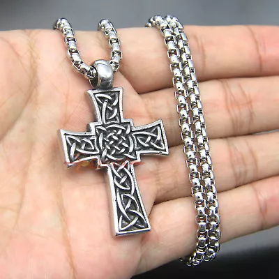 Men's Retro Stainless Steel Celtic Cross Filigree Irish Knot Necklace Pendant • $7.99