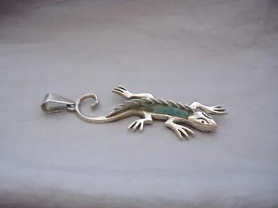 Vintage Mexican Lizard Pendant - Artist Signed- 3 1/2  Long -set With Turquoise • $70.19