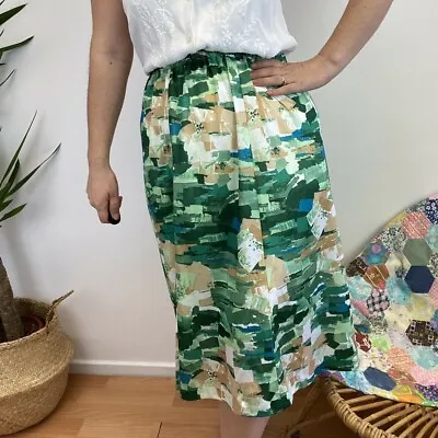 £6 • Buy Vintage 60s 70s Green Funky Abstract Pattern Knee Length Skirt Sz 8 10