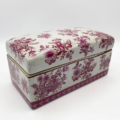 Vintage Ceramic Lidded Box With Floral & Butterfly Design - Burgundy Pink Gray • $25.99