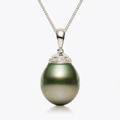 Big AAA 12.2×14MM Tahitian Saltwater Pearl Pendant 18K White Gold&Diamonds • $259.47