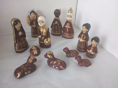 Mexican Folk Art Clay Nativity Set Hand Painted (Missing Wise Man) Burgundy  • $44.99