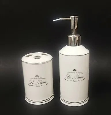 Set Of 2 Luxe Pour La Maison Le Bain Ivory+silver Soap Dispensertumblertoothb • £49.62