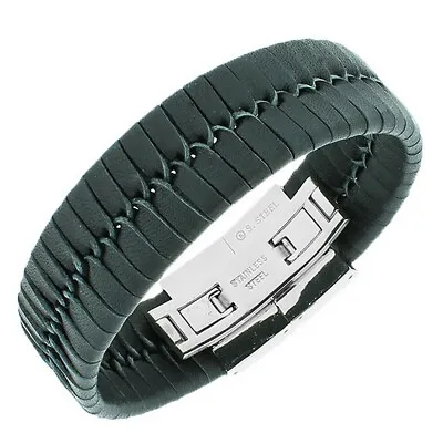 My Daily Styles Stainless Steel Black Leather Silver-Tone Braided Men's Bracelet • $14.99