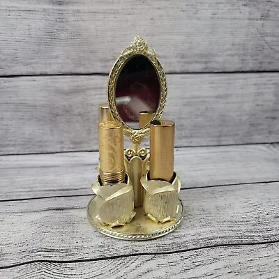 Vintage Avon Rose Lipstick Holder Golden Vanity Gold Tone Metal 4 Compartments + • $49.95