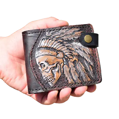 Indian Skull Leather Wallet Biker Custom Wallet Leather Wallet Biker Gift • $123.99