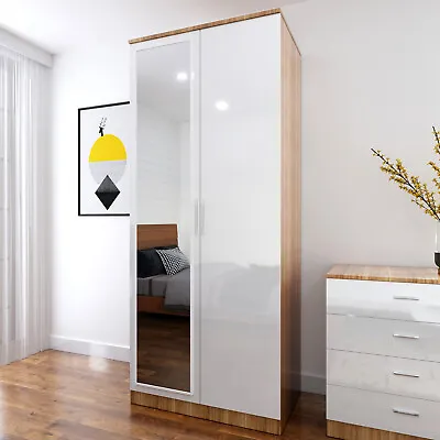 White Oak 2 Doors Wardrobe With Mirror High Gloss Storage Hanging Rail Furniture • £140.98