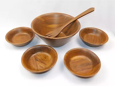 Vtg Mid Century Modern Burl Walnut Dark Hardwood Billings MO Salad Bowl Set • $48.95