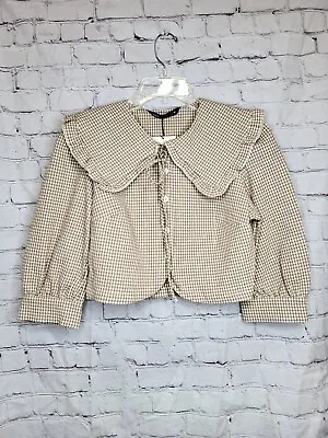 Zara New Woman Textured Check Top Puff-sleeves Ecru Beige Small • $22.74