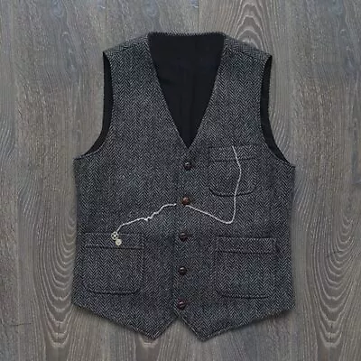 Mens Tweed Vest Vintage Cowboy Hunting Workwear Wool Herringbone Vests L XL XXL • $19.99