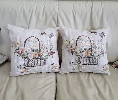 Vtg Pair Of Ribbon Embroidery 15 X 15” Throw Pillows- Hand Crafted • $32.99