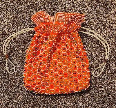 JEM Vintage Reversible Beaded Drawstring Pouch Bag Purse Retro GUC Orange Green • $14.95