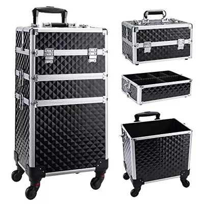  3 In 1 Rolling Makeup Train Case Professional Cosmetic Trolley Black Vintage • $146.82