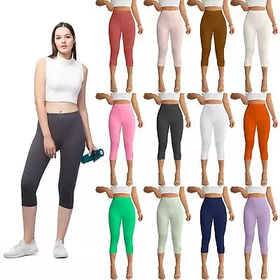 Plain 3/4 Length Plus Size Leggings Workout Gym Cropped Yoga Active Capri Pants • £7.99