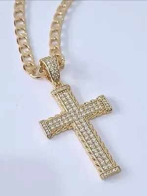 Gold Cross On Curb Chain 30  Vvs Look Micro Pave Bling Cross 9ct Gold Filled • £44.99