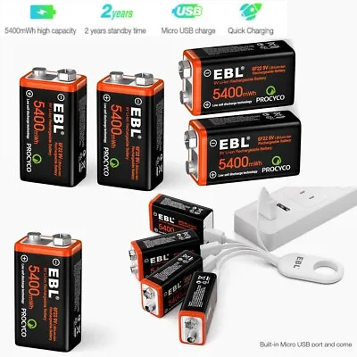 1-8PCS EBL USB Direct Rechargeable 9V Battery 5400mWh  9 Volt Batteries 6F22 • £24.99