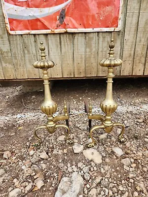 Antique Vintage Brass Clawfoot Fireplace Andirons Large 21   • $124.99