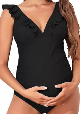 NWT Women’s Summer Mae One Piece Maternity Swimsuit Black Ruffles Large • $20