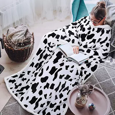 Cow Print Sherpa Wearable Blanket For Adult Women And Men Super Soft Comfy Warm • $83.99