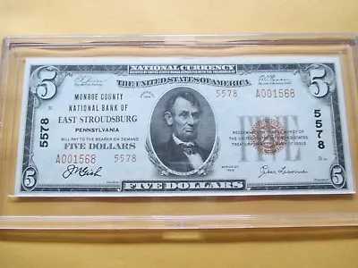 1929 $5 Monroe County National Bank Of East Stroudsburgpa • $349.95