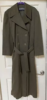 Linda Allard Ellen Tracy Double Breasted Long 100% Wool Trench Coat Olive 8 • $13