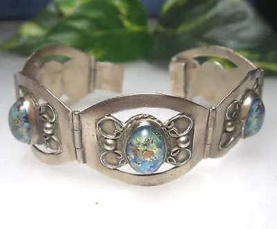 Vintage Sterling Silver Taxco Mexico Panel Bracelet Faux Fire Opal   29.2g • $24.99