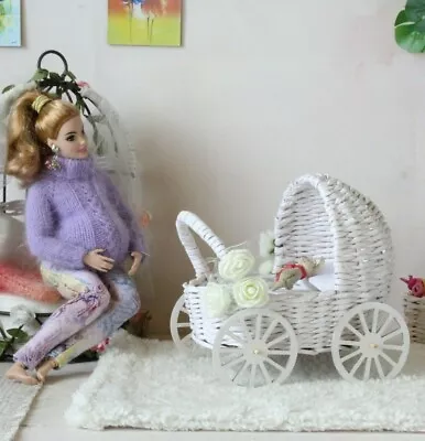 Miniature Wicker Carriage Dollhouse Pram White Handmade Baby Doll Stroller Bogie • $118.21