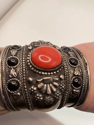 Cuff Bracelet Coral With Onyx Cabs Ornate Wide Metal Ren Faire Southwest Floral • $75