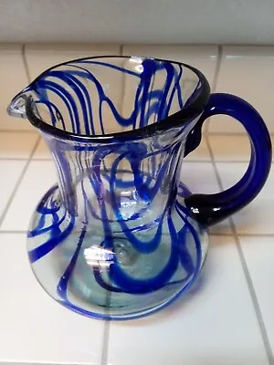 Hand Blown Thick Glass Pitcher Murano Style Cobalt Blue Swirl 9 Inches Tall • $30