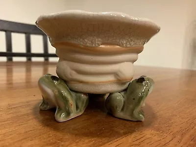 Vtg Majolica Style Pottery Frog Planter Plant Pot Footed 3 Frog Crackle Glaze • $23