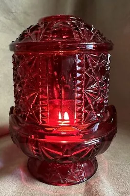 Vintage Ruby Red Indiana Glass Stars & Bars Fairy Courting Lamp Light Candle 6.5 • $24.99