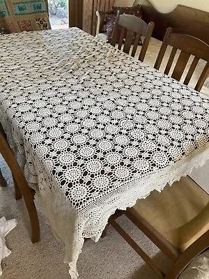 Vintage Cream Cottoncrochet Lace Tablecloth  • $18