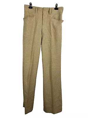 VTG Jantzen Men's Beige 70s Checked Hatched Flared Disco Polyester Pant Sz 30x28 • $36