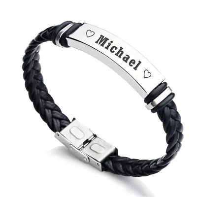 Personalised Men's Leather Bracelet Engraved Name/Text For Dad Boyfriend Husband • £7.99