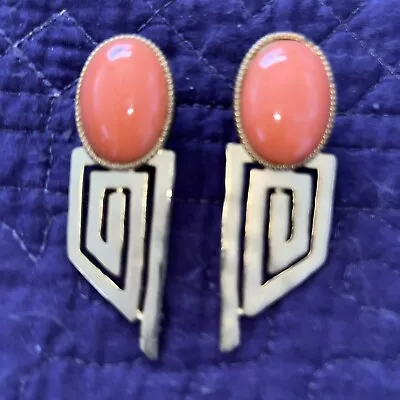 Art Deco Style Simulated Orange Coral Post Pierced Earring Gold Tone Costume • $18