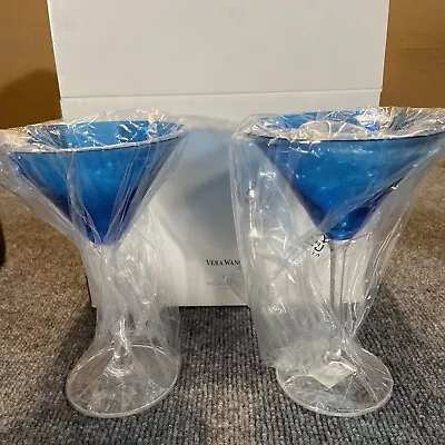 Set Of 2 Vera Wang Crystal Wedgwood Martini Glass Sapphire BlueClear Stem NIB • $115.99