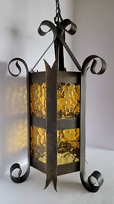 Vtg Mid Century Spanish Style Iron Scroll And Amber Glass Panels Ceiling Light • $125