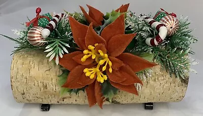 VTG 3-Candle Holder Yule Log  Wood Centerpiece Flocked Poinsettia Holly 9” • $24.95